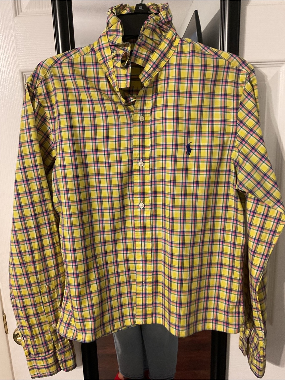 Upcycled Ralph Lauren Yellow Plaid Button-Down Shirt with Blue Pony